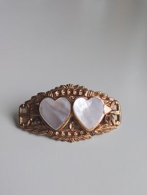 Vintage Mother-of-Pearl Double Heart Gold Tone Sweetheart Brooch